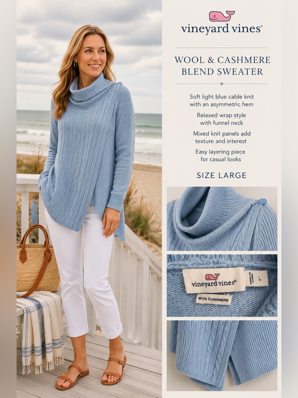 Vineyard Vines Wool & Cashmere Blend Wrap Style A-Symmetrical Swing Sweater Sz L